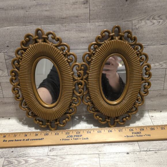Homco Other - Vintage 1978 Homco Boho 9-5/8" Oval Mirror Faux Rattan Resin Wicker Set of 2